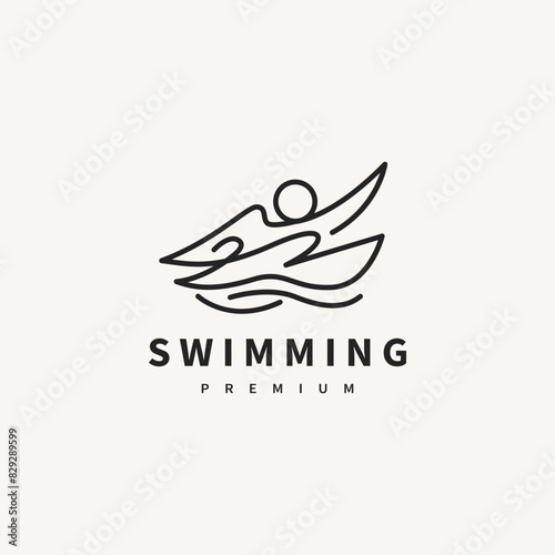 swimming logo design with athlete swim and sea wave