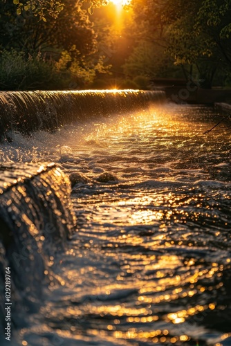 Golden sunlight sparkles on water cascading over a rural spillway