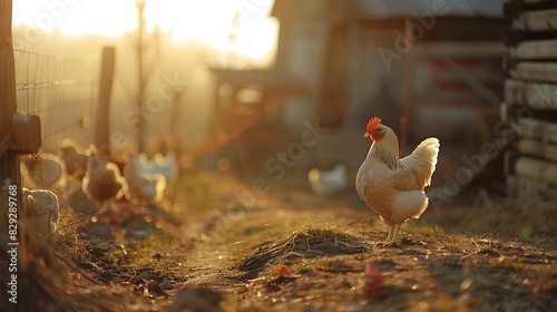 Chickens Pecking in a Farmyard: A Rural Tableau of Agricultural Life photo