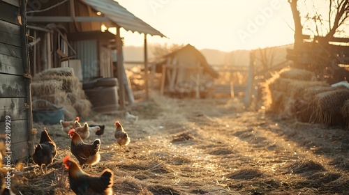 Morning Stroll in the Farmyard: Chickens Pecking in Shallow Depth of Field