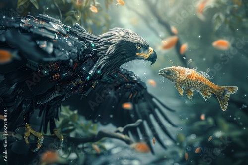 A futuristic scene of a cyborg eagle chasing a fish through a high-tech world, captured in a dynamic and detailed documentary photography style photo