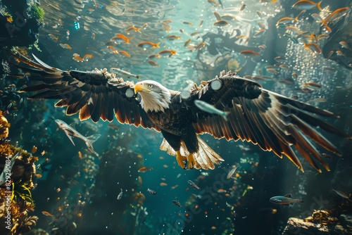 A futuristic scene of a cyborg eagle chasing a fish through a high-tech world, captured in a dynamic and detailed documentary photography style photo