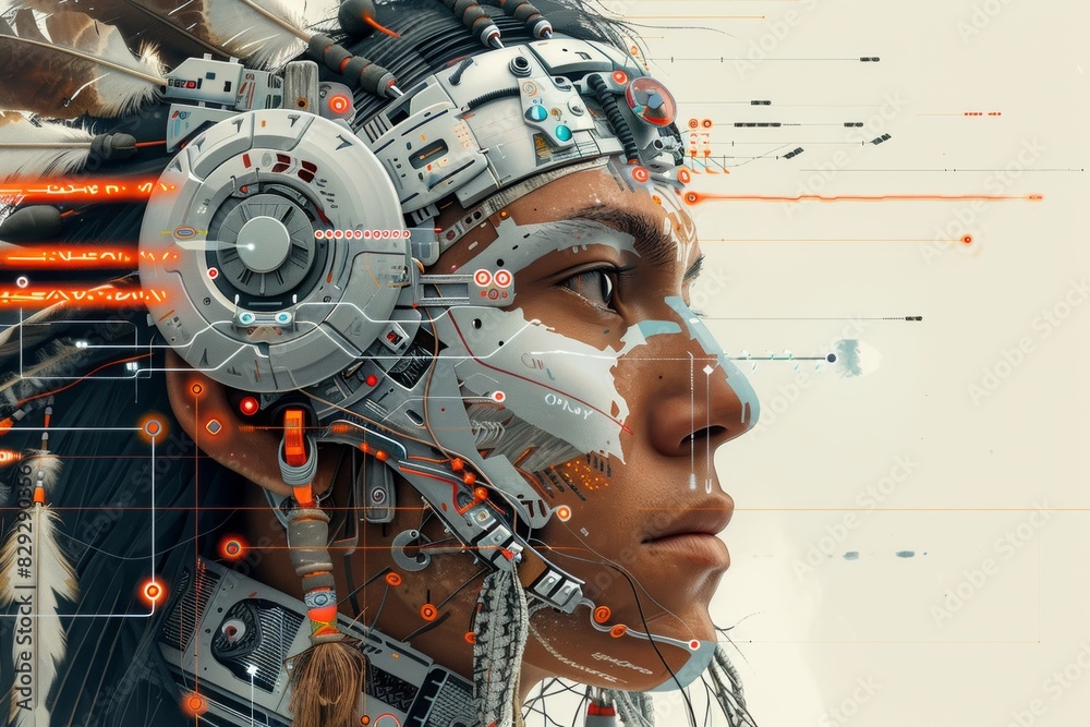 Fototapeta premium A magazine cover featuring a Native American integrated with advanced robotic technology, depicted with an elegant and futuristic aesthetic