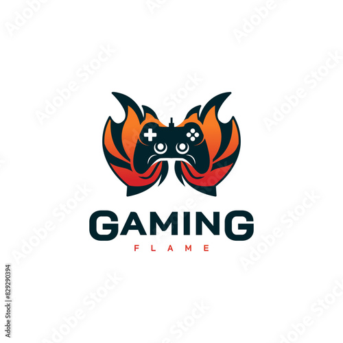 gaming logo design with keypad controller and fire vector illustration