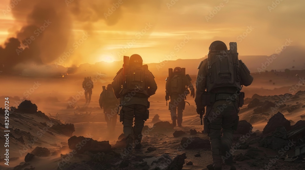  Futuristic soldiers tread through a dust