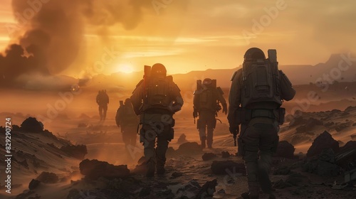  Futuristic soldiers tread through a dust