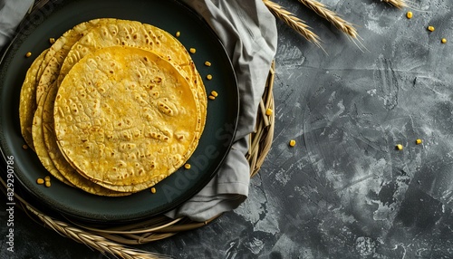 Top view of unleavened bread corn tortillas on grey background photo