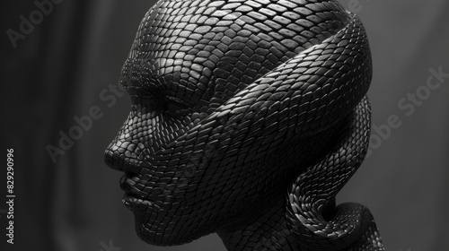 A black and white photo of a woman's head with a snake wrapped around it. The image has a mysterious and eerie mood, as the snake seems to be a symbol of danger or evil