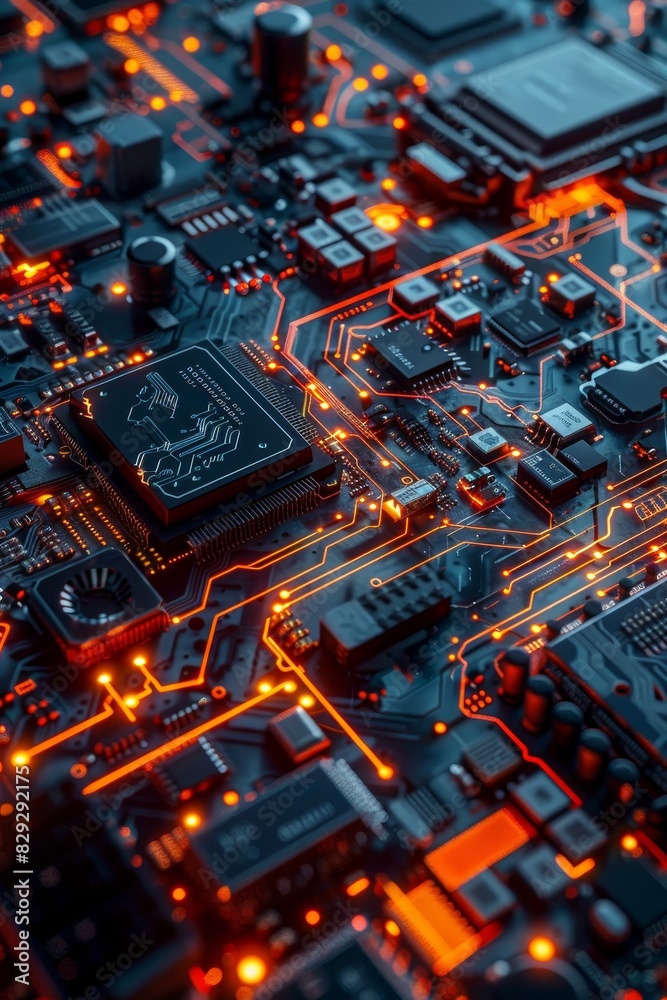 Modern Technology Concept: Futuristic digital motherboard with glowing circuits and data flow
