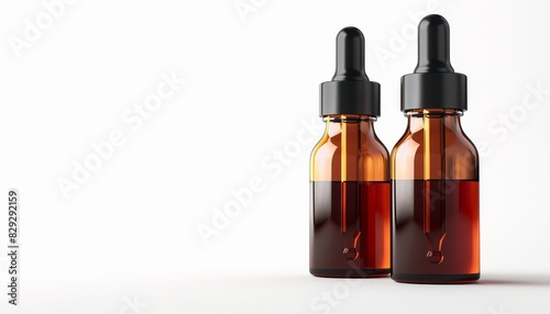 Two brown vials with black caps on a white background