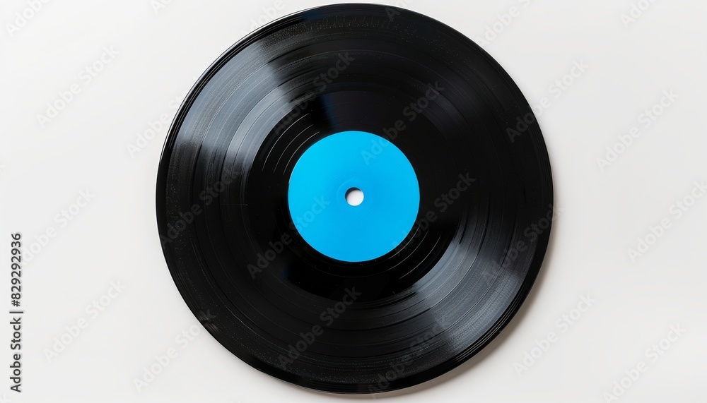 Vinyl LP record with blue white label 33 rpm isolated on white background top view Vinyl LP record with blue white label 33 rpm isolated on white background top view