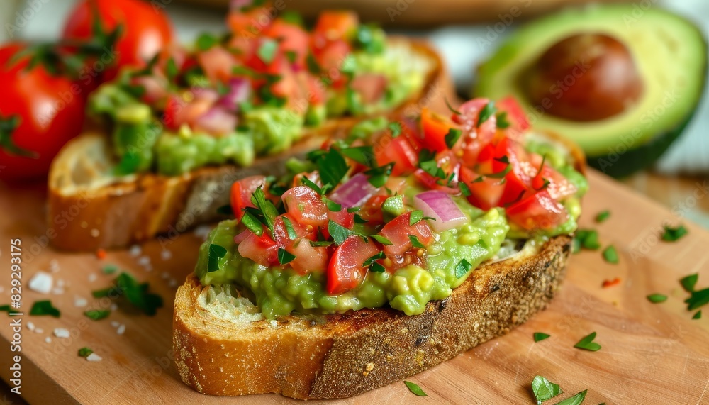 Two guacamole toasts on a cutting board Two guacamole toasts on a cutting board