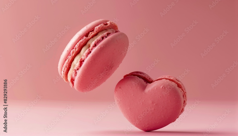 Φωτογραφία Two heart shaped macarons flying on a pink background Monochrome image of trendy