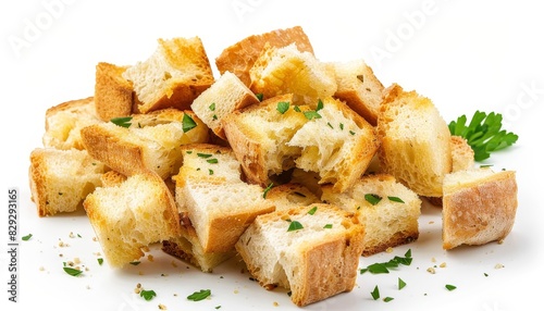 Two garlic bread croutons isolated on a white background shown from different perspectives