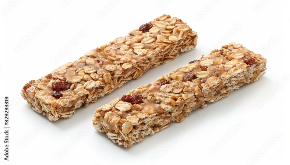 Two muesli bars separated on a white background Two muesli bars separated on a white background