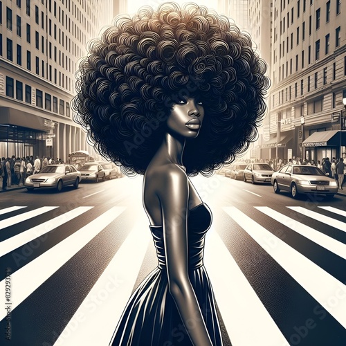 Ghetto Chic: A Black Afro Girl with big Afro Hair Crossing the Street photo