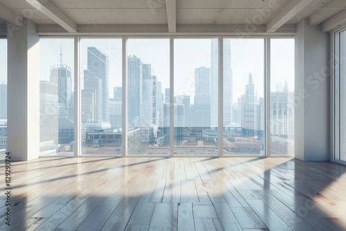 Unfurnished loft office with city view from glass window
