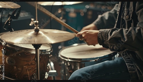 Unrecognized player performing on a drum set Close up of drumming Drummer strikes kick drum surface Man creates music on drums photo