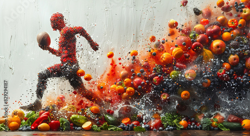 A man is running through a field of fruits and vegetables. The image is a representation of the importance of a healthy diet and the benefits of consuming fresh produce.