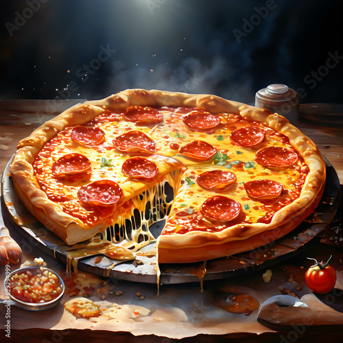 Delicious pepperone pizza with melted cheese cascading down the sides. photo