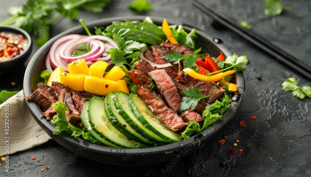 Vietnamese beef salad with onion mango and vegetables on a stunning dark stone table Vietnamese beef salad with onion mango and vegetables on a stunning dark stone table