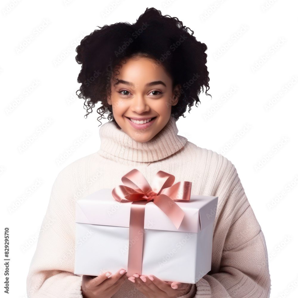 Happy beautiful teen black woman smile with gift box Isolated on a transparent background.