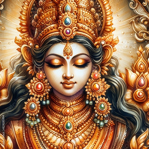 Watercolor Painting of Goddess Lakshmi's Golden Ornaments, wall art, decoration, illustration  © Premium Art