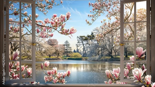 Window House with Lake View and Cheery Blossom Tree