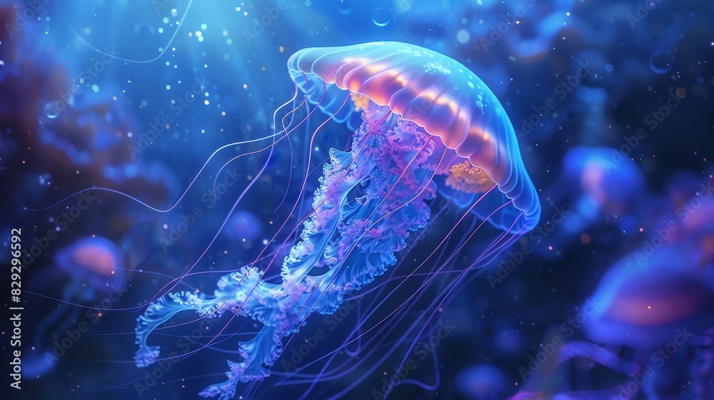 Ethereal jellyfish floating in a deep blue oceanic abyss Ethereal jellyfish floating in a deep blue oceanic abyss