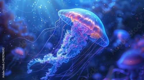 Ethereal jellyfish floating in a deep blue oceanic abyss © Media Srock
