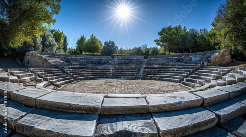 A well-preserved Greek theater with tiered seating and a stage backdrop