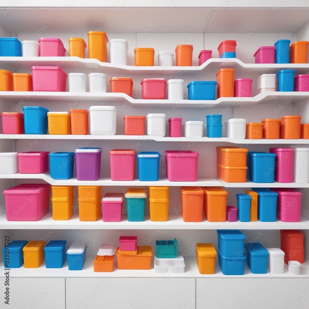 An array of vivid plastic storage containers with a white setting, depicting the notion of deploying broadly applicable and space, Generative AI. An array of vivid plastic storage containers with a white setting, depicting the notion of deploying broadly applicable and space, Generative AI.