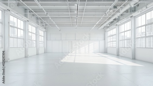 Empty white warehouse interior with clean  open space and a pristine white background  emphasizing the vast  uncluttered area