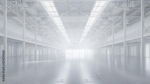 Empty white warehouse interior with clean  open space and a pristine white background  emphasizing the vast  uncluttered area