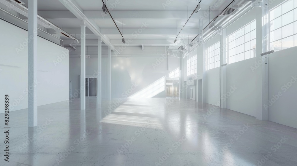 Obraz premium Empty white warehouse interior with clean, open space and a pristine white background, emphasizing the vast, uncluttered area