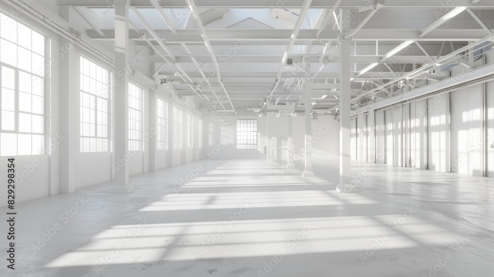 Empty white warehouse interior with clean, open space and a pristine white background, emphasizing the vast, uncluttered area Empty white warehouse interior with clean, open space and a pristine white background, emphasizing the vast, uncluttered area