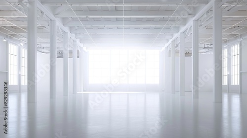 Empty white warehouse interior with clean, open space and a pristine white background, emphasizing the vast, uncluttered area