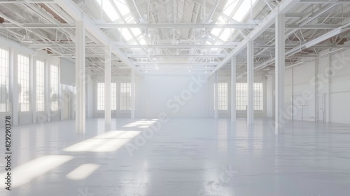 Empty white warehouse interior with clean  open space and a pristine white background  emphasizing the vast  uncluttered area