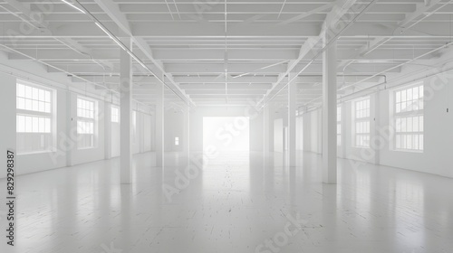Empty white warehouse interior with clean  open space and a pristine white background  emphasizing the vast  uncluttered area