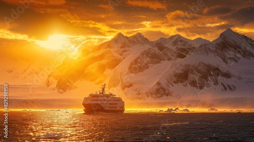 Expedition ship cruising under the golden midnight sun by snowy mountains photo