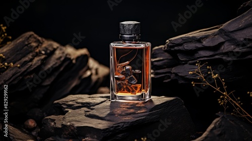 Mockup of a bottle of men's perfume standing on a stone on a dark background photo