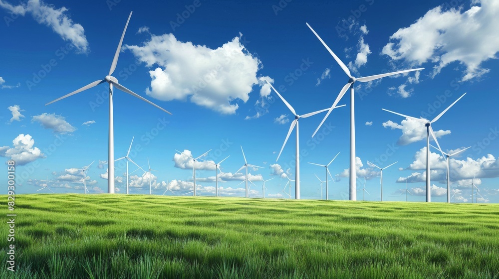 wind power plants, blue sky with white clouds, Renewable energy management, copy and text space, 16:9 wind power plants, blue sky with white clouds, Renewable energy management, copy and text space, 16:9