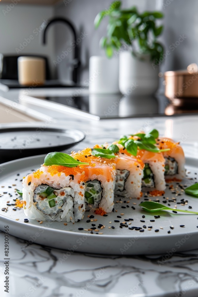 Elegant sushi rolls adorned with basil on a modern plate 