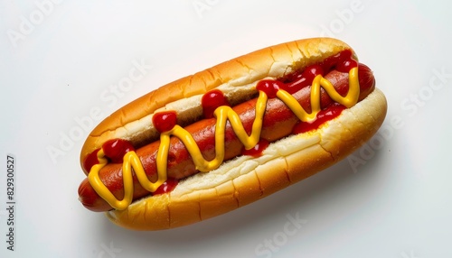 White hot dog topped with ketchup and mustard