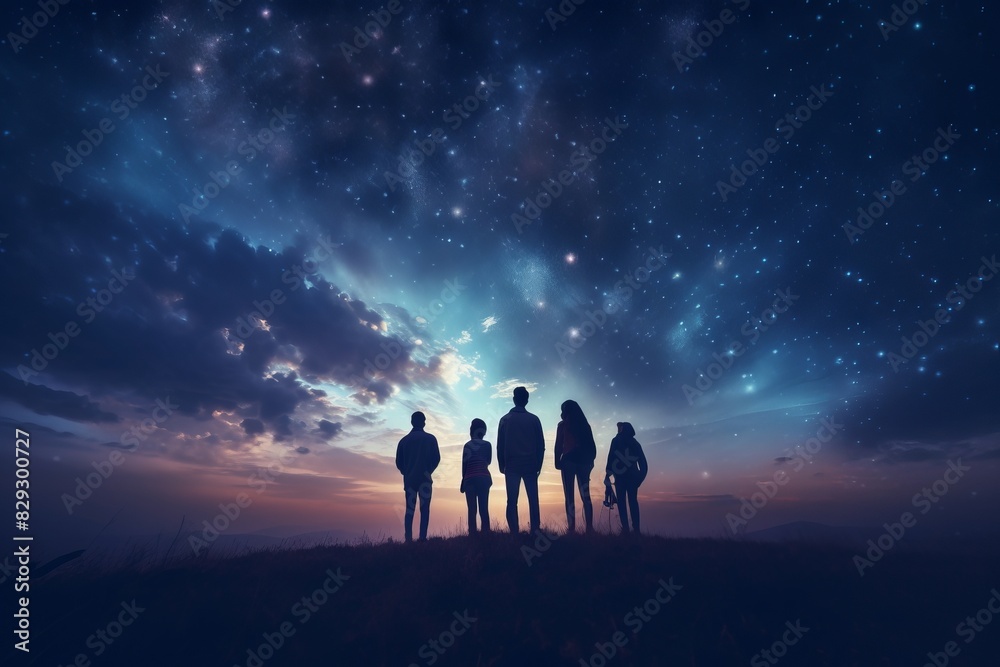 Silhouette of people looking at the stars.