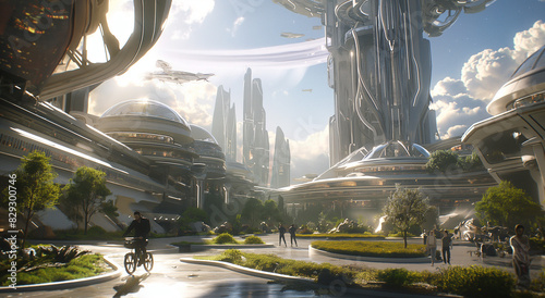 A cinematic shot of the city in the year 2056, with sleek buildings and futuristic architecture. A person is riding an electric bike on one side street photo