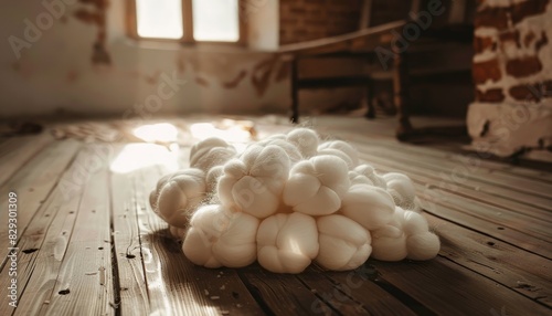 White silk cocoons arranged on a vintage wooden floor photo