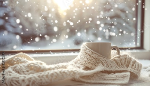 Winter scene with hot cocoa mug and wool scarf snow falling outside