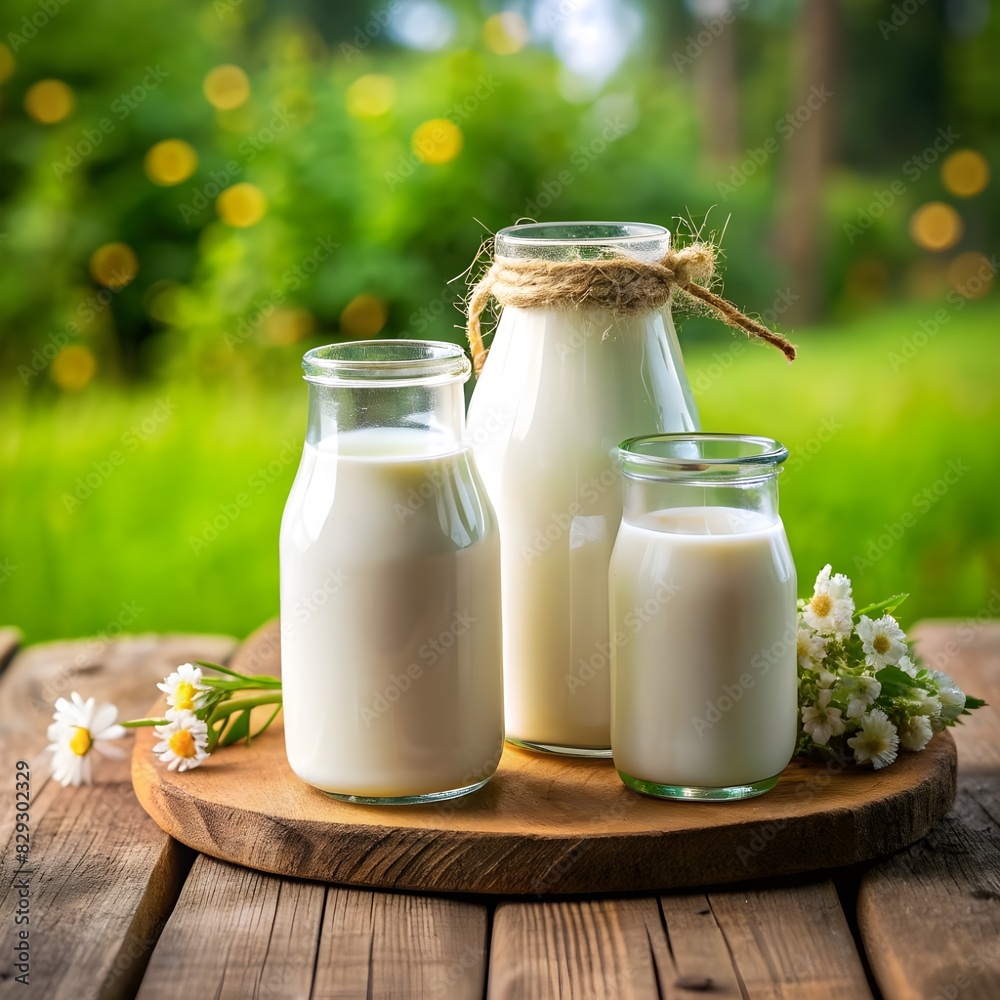 milk in glass jars on wooden table in nature close milk in glass jars on wooden table in nature close
