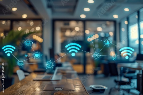 Illustration of connected devices and wireless network icons in a modern office, representing IoT and smart technology.